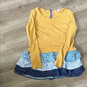 Matilda Jane Mustard tunic with Purple Zipper and florals, size M, worn lightly